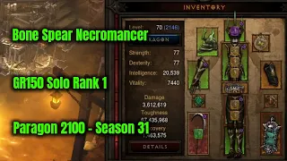 Season 31 Bone Spear Necromancer GR150 Solo Rank 1 Paragon 2100 - Diablo 3