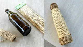 DIY Ваза для цветов из шпажек и джута своими руками. Кашпо для цветов. Поделки из бутылки. Декор