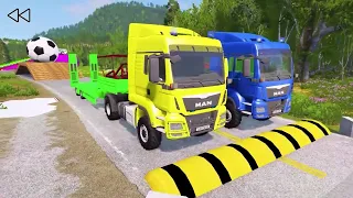 Double Flatbed Trailer Truck vs Speedbumps Train vs Cars Beamng.Drive #1 With Reverse