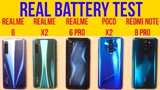 Realme 6, 6 Pro vs POCO X2, Realme X2, Note 8 Pro Battery Drain | Charging | Gaming on 720G[Hindi]