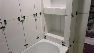 Ремонт в ванной. Укладка керамогранита крупного формата 1200/600 в сочетании с плиткой 600/300