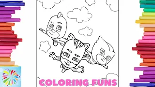 Coloring Catboy Gekko And Oweltte Flying In The Sky | PJ Masks Coloring Pages | Coloring Funs