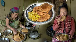 Wheat flour PURI & Potato RECIPE Cooking & Eating in village kitchen || Nepali food || Village vlog