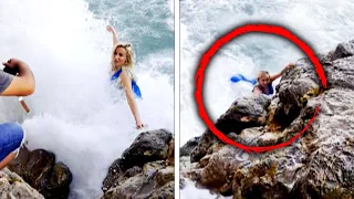 Model Gets Swept Away by Wave During Photoshoot