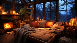 Thunderstorm with Lightnings, Rain on Window and Gentle Crackling Fire in a Cozy Bedroom Ambience