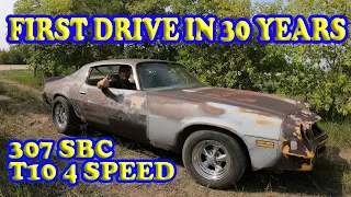 1979 Chevy Camaro First Drive Since The 80's.  307 power 4 Speed T10.  Field Find.