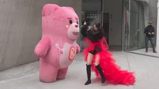 Top Funniest Reactions of Giant Pink Bear Prank in Top Of Fashion Week