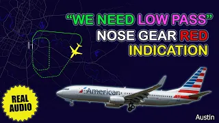 Nose gear red indication. Low pass. American Boeing 737 has problems at Austin. Real ATC