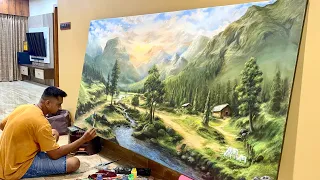 Acrylic Landscape Painting - Morning Lake & mountains by nelson sinda