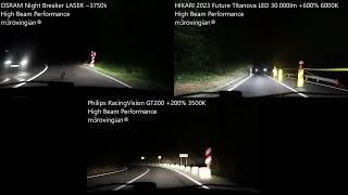 [High Beam] Philips RacingVision GT200, OSRAM Night Breaker LASER, HIKARI 2023 Titanova LED