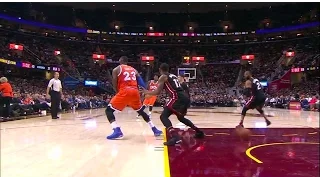 LeBron with the sick no look pass to a cutting RJ for the 2 hand reverse dunk.