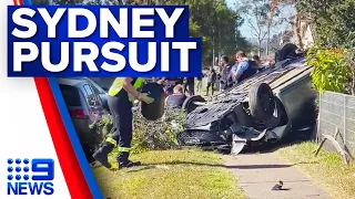 Police pull driver from a car after it flipped following a pursuit in Sydney | 9 News Australia