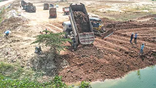 WoW!! Huge Pond Land Filling Up By Bulldozer Pushing Soil Into Water With 12Wheel Dump Truck Moving