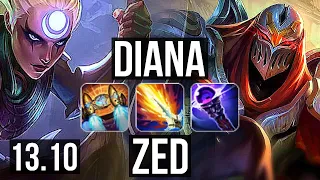 DIANA vs ZED (MID) | 14/0/3, Legendary | KR Grandmaster | 13.10