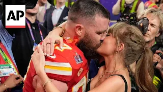Taylor Swift and Travis Kelce kiss after Chiefs win Super Bowl 2024