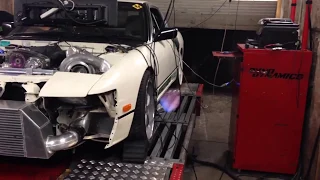 Spot on performance 180sx with RB26/30 GTX45 Big flames on dyno run in.