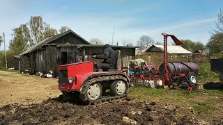 Гусеничный минитрактор пашет , культивирует, сажает картошку.