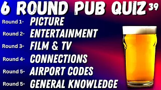 Virtual Pub Quiz 6 Rounds Picture, Entertainment, Missing Words, Music and General Knowledge No.39