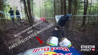 Downhill Mountain-bike World Champion Rachel Atherton fixes her dislocated shoulder trackside!