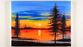 Sunset on the Lake Acrylic Painting | Sunset Landscape Painting
