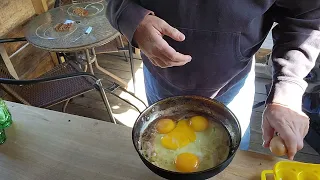 Cooking breakfast on the Pathfinder alcohol stove