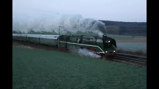 German steam locomotive 18-201 with a charter train at dawn in Bennigsen. DDE021005