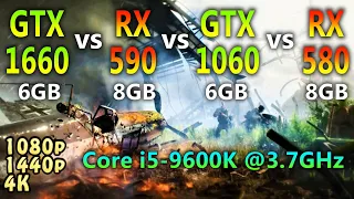 GTX 1660 vs RX 590 vs GTX 1060 vs RX 580 | 1080p 1440p 4K Tested in 10 Games | Core i5 9600K @3.7GHz