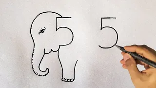 How To Draw Elephant From Number 55 l Elephant Drawing Easy For Beginners