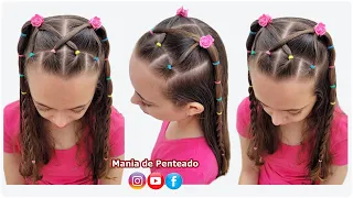 Penteado Fácil e Rápido com Liguinhas para Escola 🌸| Easy Hairstyle with Rubber Bands for School 🥰