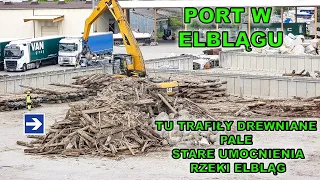 Port w Elblągu.Tu trafiły wielkie drewniane pale po starym umocnieniu Rzeki Elbląg.