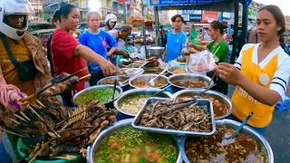 So delicious plenty Khmer food, soup, grilled fish selling on street -  Cambodian street food