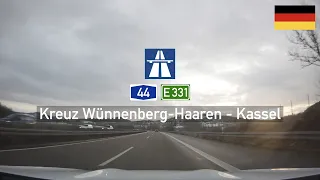 Driving in Germany: Autobahn A44 E331 from Kreuz Wünnenberg-Haaren to Kassel