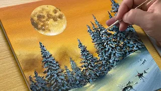 How to Draw a Winter Scene with a Full Moon / Acrylic Painting for Beginners