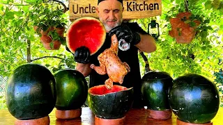 An unusual way to cook a whole chicken in a watermelon! Look awesome!