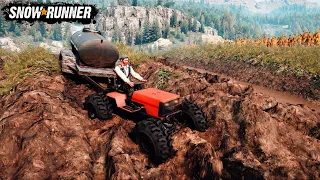 SnowRunner - Compact Tractor With Trailer Driving In The Mud