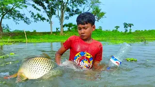 Amazing Fishing Video | Traditional Boy Catching Fish By Hook Plastic Bottle in Pond