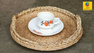 DIY Wicker Serving Tray with Jute Ropes and Broken Plate | Jute Rope Tray | Broken Plate Reuse Idea