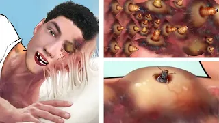 ASMR Removes large pustule larvae nests & Treating maggots on the face | Deep Cleaning Animation