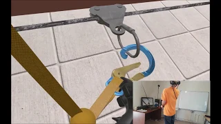 Safety training with virtual reality.Horizontal life line usage while working at height.