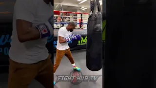 MASTER AT WORK! Mayweather thuds heavy bag with perfect technique!