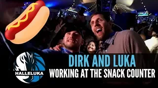 Luka Doncic and Dirk Nowitzki working at the SNACK COUNTER at Dallas Mavericks Season Ticket night