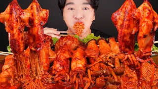 MUKBANG ASMR | SPICY SEAFOOD BOIL & MUSHROOMS 🦑🍄 SQUID ENOKI MUSHROOM EATING SOUNDS 먹방