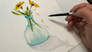 Easy Watercolor Vase and Yellow Flowers