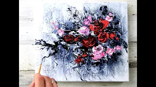 Roses | Acrylic Art | Easy Abstract Painting for Beginners | Plastic Wrap | Palette Knife