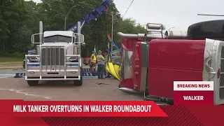 Tanker hauling milk rolls at Walker roundabout