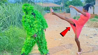 SHE TWISTED HER FOOT FROM THE SCARE! BUSHMAN PRANK! SCARING PEOPLE!