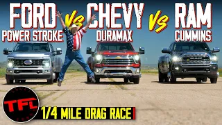 Ford vs Chevy vs Ram XXL Diesel Dually Drag Race: Which of These Huge HD Trucks Is the Fastest?