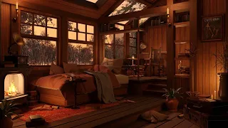 Autumn Cozy Cabin - Crackling Fireplace & Rain Sounds | Rainy Fall Ambience