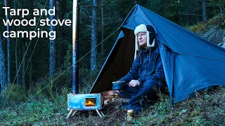 Tarp and Wood Stove Camping, Solo Winter Camping, Tarp Shelter, Lightweight Wood Stove, ASMR