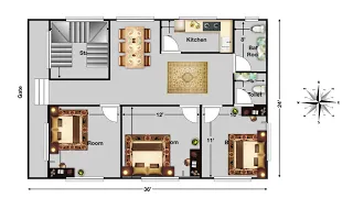 24 x 36 Floor Plan West Facing 3 bed rooms